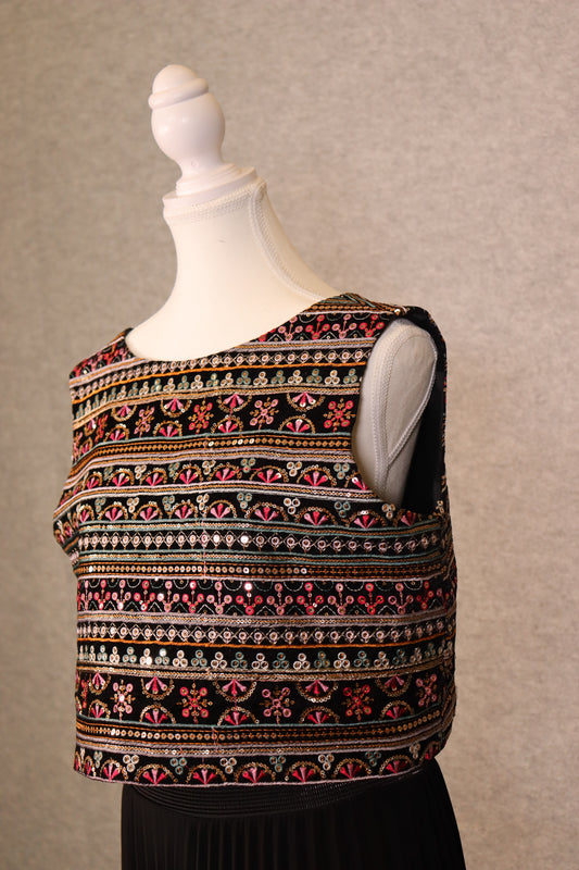 Women’s Black Velvet Embroidered Sequin Crop Top