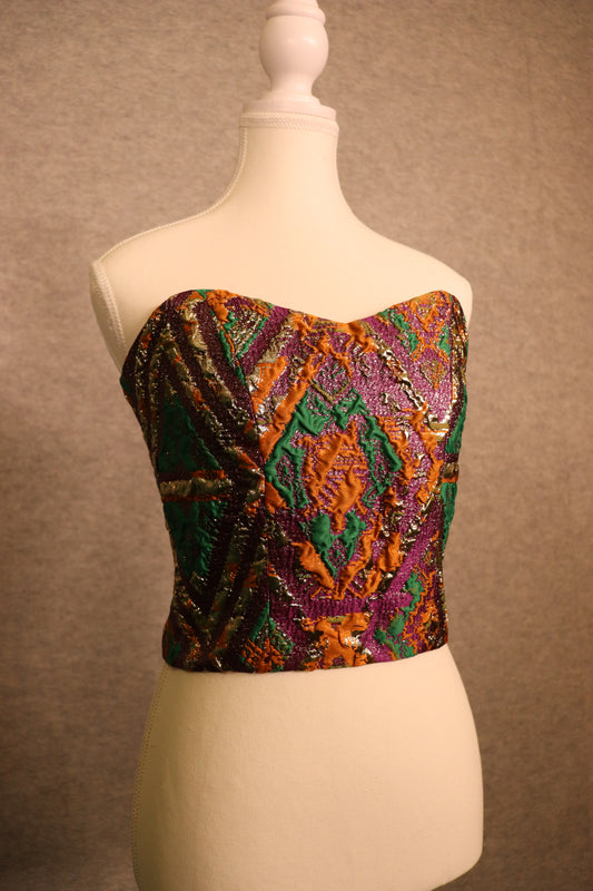 Women’s Jacquard Lace-Up Crop Top with Green, Gold & Orange Accents