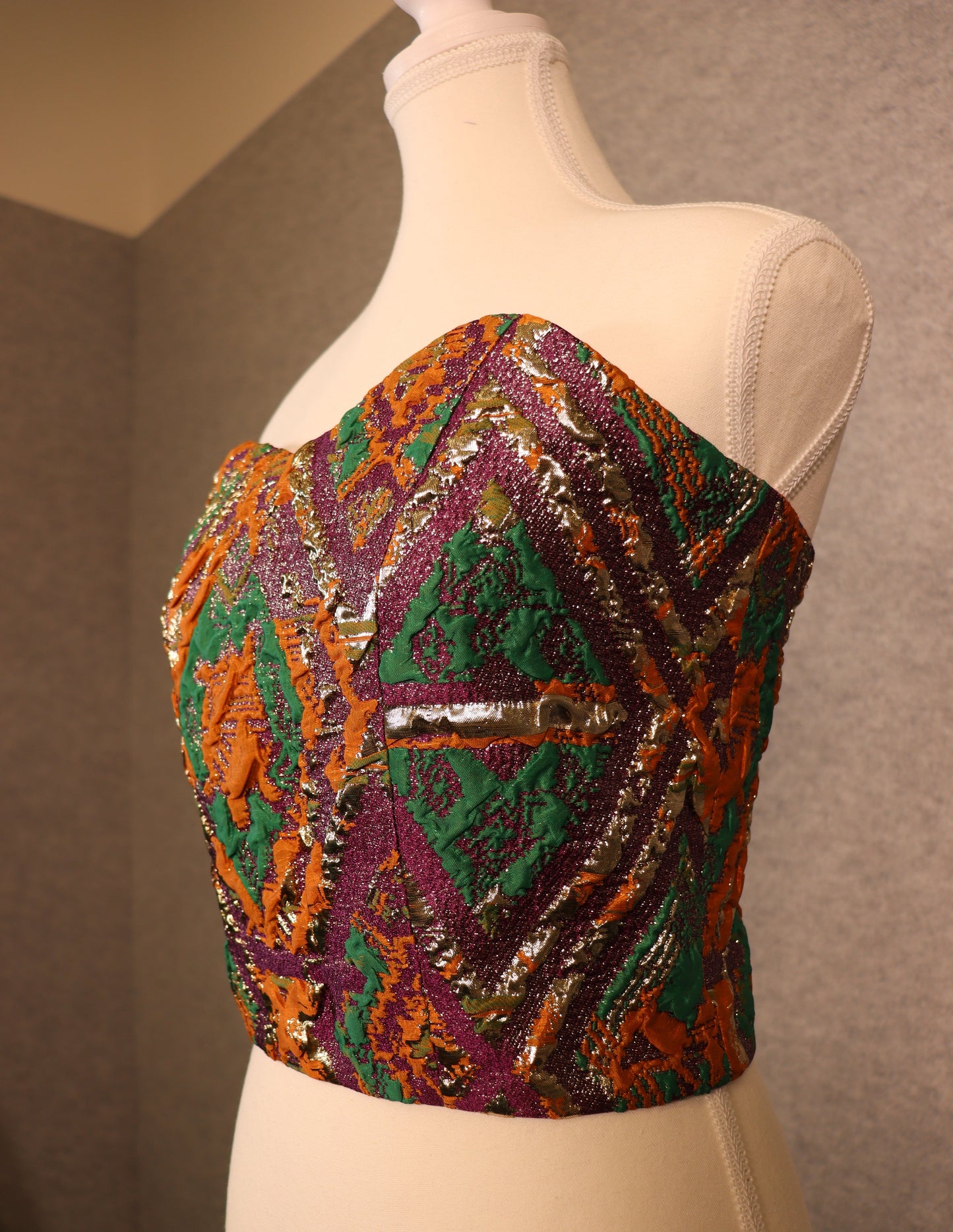 Women’s Jacquard Lace-Up Crop Top with Green, Gold & Orange Accents