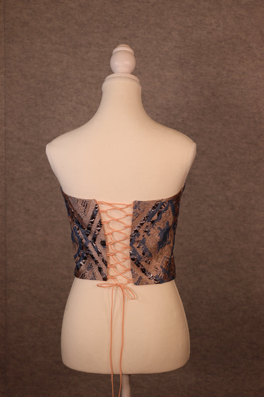 Women’s Rose gold Jacquard Lace-Up Crop Top with Blu Accent