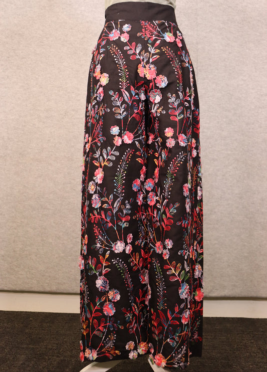 Women’s Black 3D Floral Embroidered Cotton Wide-Leg Pants