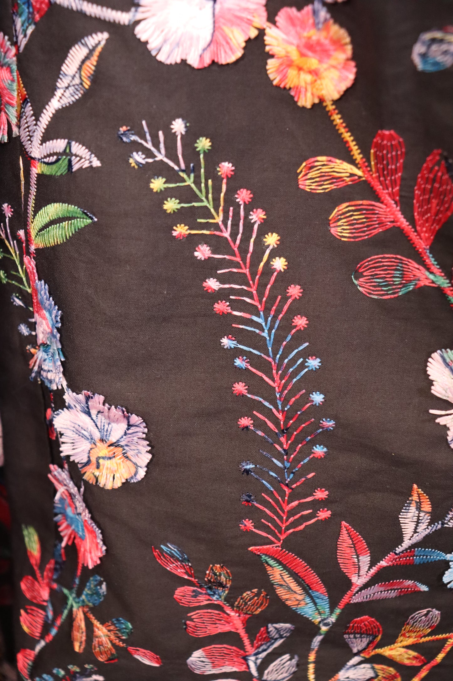 Women’s Black 3D Floral Embroidered Cotton Wide-Leg Pants