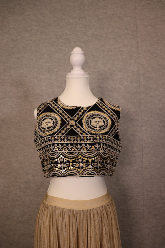 Women’s Black Cotton Embroidered golden Sequin Crop Top
