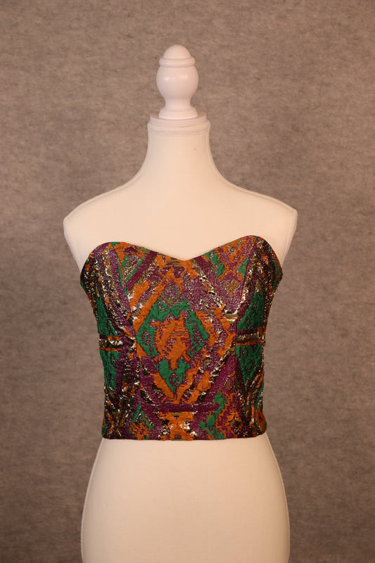 Women’s Jacquard Lace-Up Crop Top with Green, Gold & Orange Accents