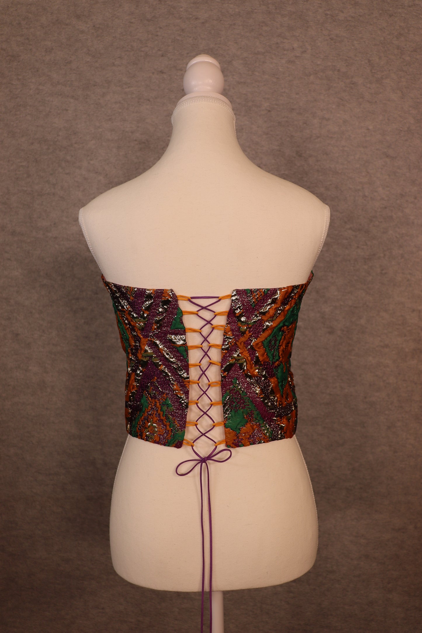 Women’s Jacquard Lace-Up Crop Top with Green, Gold & Orange Accents