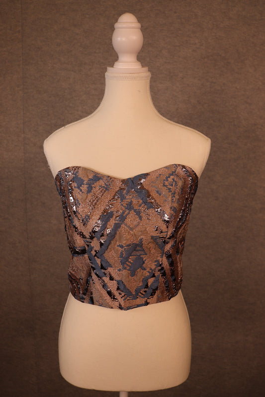 Women’s Rose gold Jacquard Lace-Up Crop Top with Blu Accent